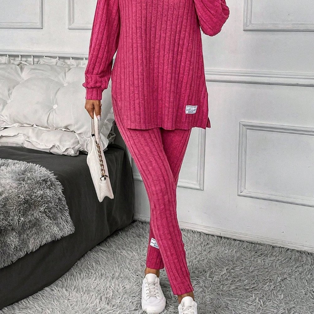 Hot Pink Casual Womens Drop Shoulder Split Hem Hoodie & Leggings - Picture 5 of 5